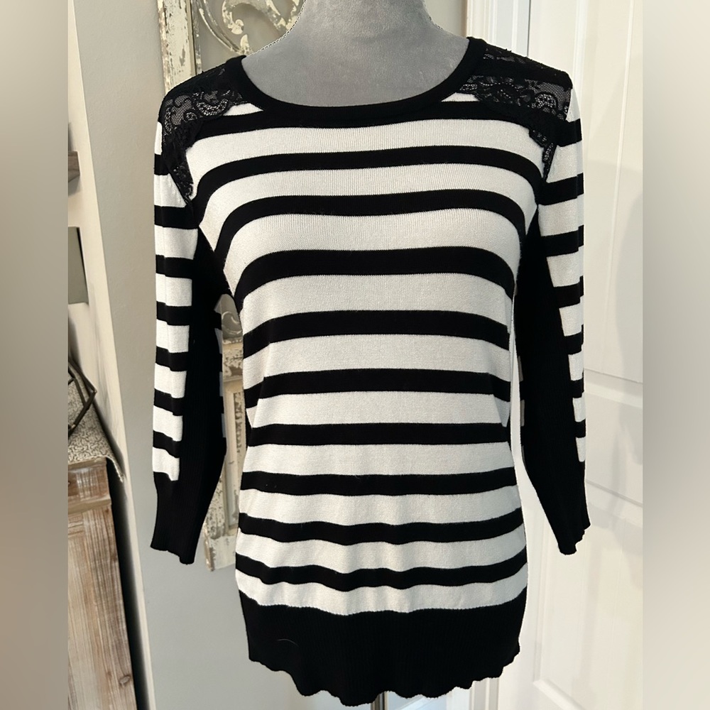 Black and White Stripe Sweater with Lace Detail - Size Large
